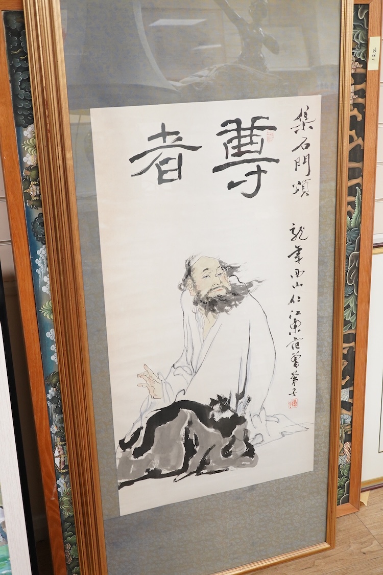 Contemporary, Japanese School, set of four figural scroll prints, with character and red seal marks, 94 x 51cm, framed